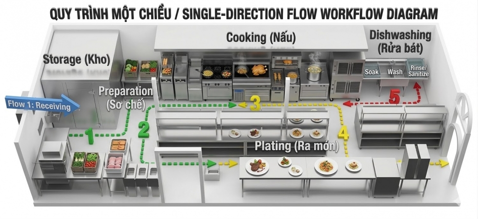 Sơ đồ quy trình một chiều trong bếp công nghiệp nhà hàng
