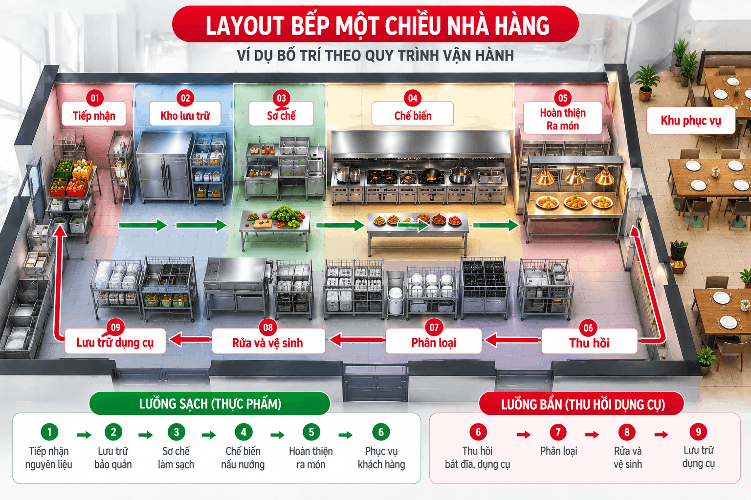 Layout bếp nhà hàng theo quy trình một chiều
