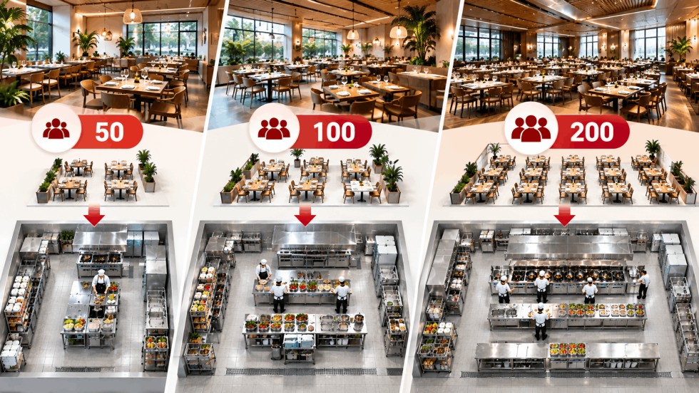 Ví dụ diện tích bếp nhà hàng cho 50 100 và 200 khách
