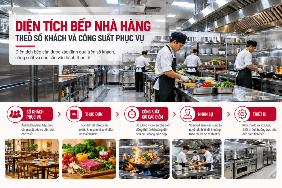 Diện tích bếp nhà hàng theo số khách và công suất phục vụ
