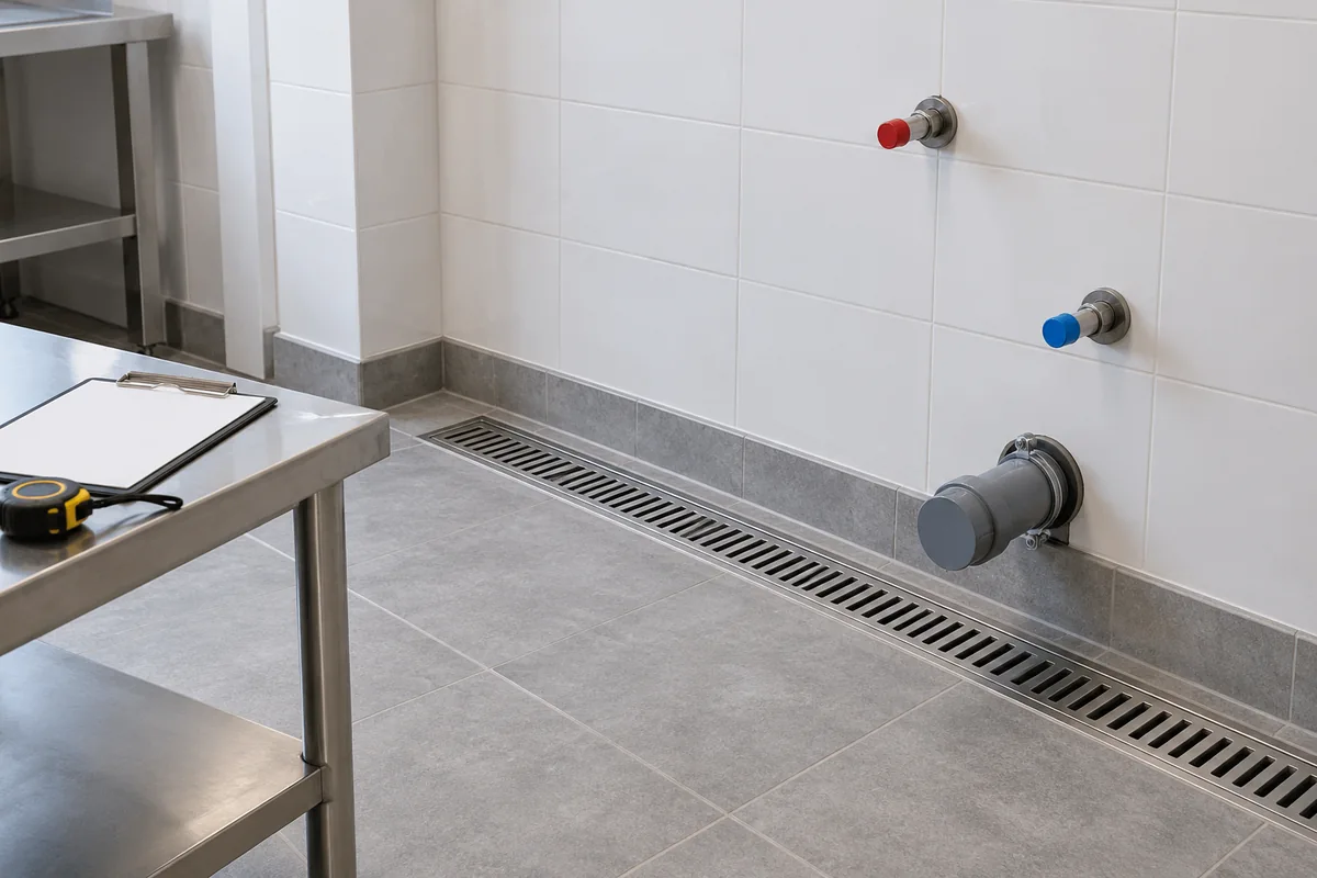 Các đầu chờ cấp nước và đường thoát nước tại góc khu bếp