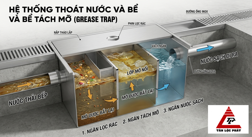 Hệ thống thoát nước và bể tách mỡ bếp nhà hàng