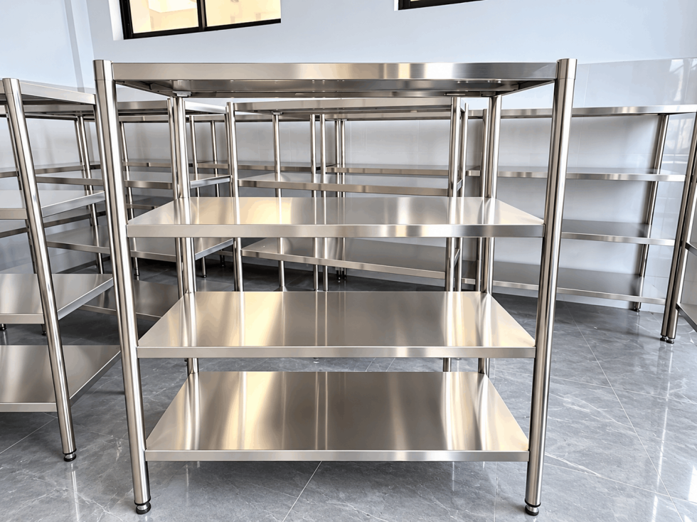 Hệ thống kệ inox treo tường giúp tối ưu không gian bếp nhà hàng nhỏ